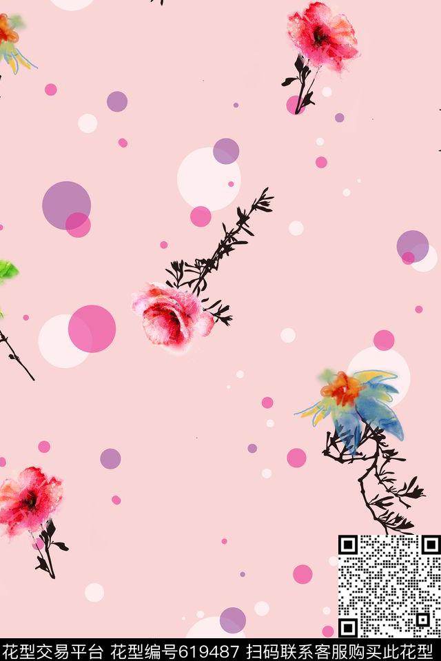 抽象手绘花卉数码印花华亿平台下载（图片编号: 619487） - 瓦栏（Walan）