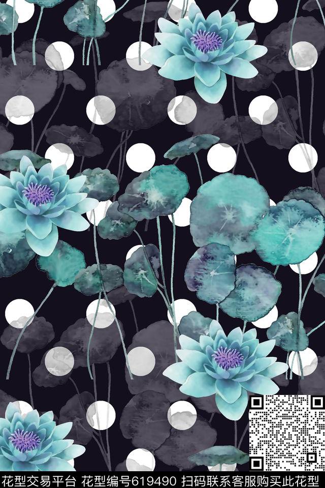 抽象手绘满版最新高清数码时尚潮流大牌复古欧美风中国风荷花水墨画数码印花华亿平台下载（图片编号: 619490） - 瓦栏（Walan）