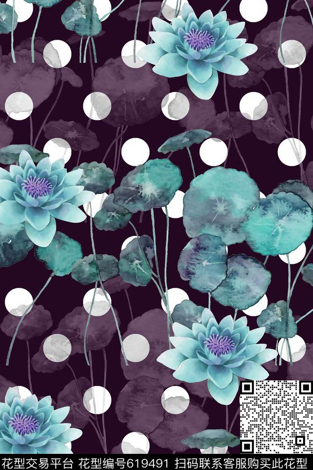 抽象手绘满版最新高清数码时尚潮流大牌复古欧美风中国风荷花水墨画数码印花华亿平台下载（图片编号: 619491） - 瓦栏（Walan）