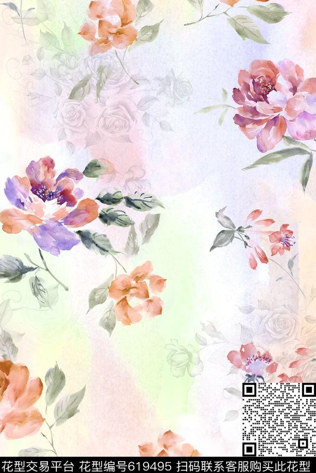 朦胧清爽水彩数码印花华亿平台下载（图片编号: 619495） - 瓦栏（Walan）