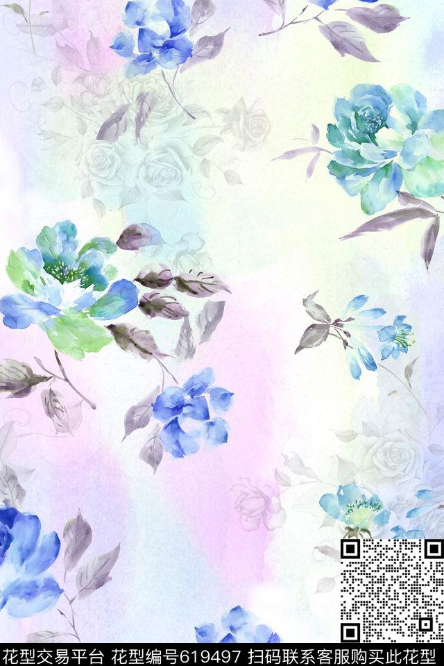朦胧清爽水彩数码印花华亿平台下载（图片编号: 619497） - 瓦栏（Walan）