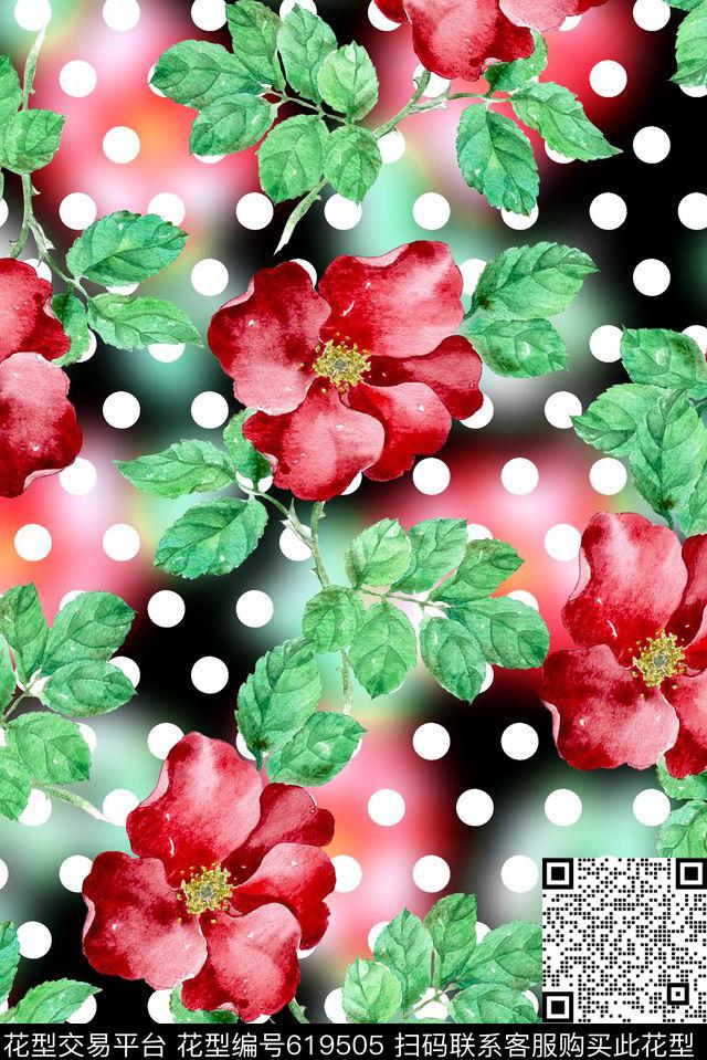 时尚手绘水彩画花卉手绘植物抽象波点印花时尚潮流女装裙子印花数码印花华亿平台下载（图片编号: 619505） - 瓦栏（Walan）
