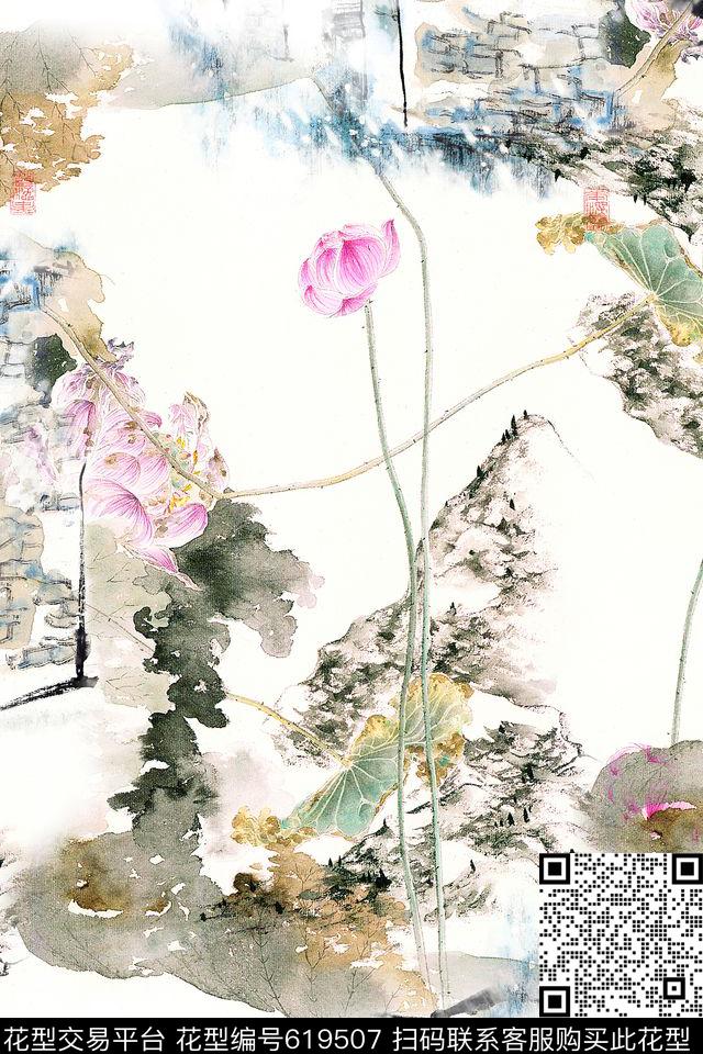 中国风山水风景水墨肌理印花华亿平台下载（图片编号: 619507） - 瓦栏（Walan）