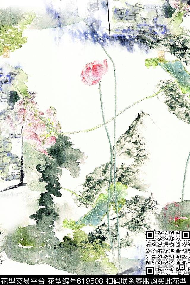 中国风山水风景水墨肌理印花华亿平台下载（图片编号: 619508） - 瓦栏（Walan）