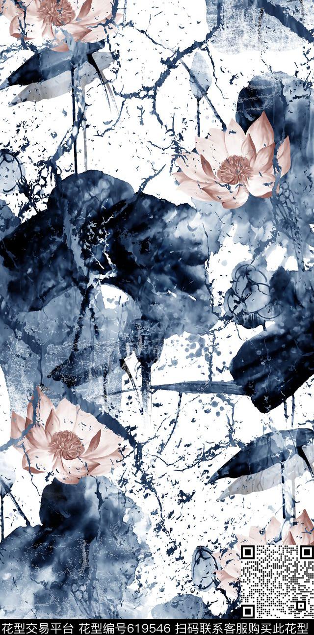 抽象手绘满版最新高清数码时尚潮流大牌复古欧美风中国风水墨荷花女装裙数码印花华亿平台下载（图片编号: 619546） - 瓦栏（Walan）