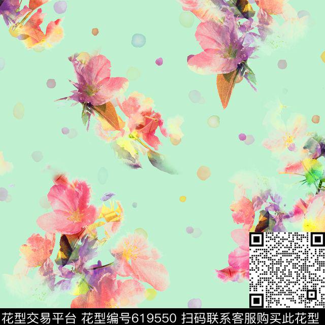 花卉墨点清爽数码印花华亿平台下载（图片编号: 619550） - 瓦栏（Walan）