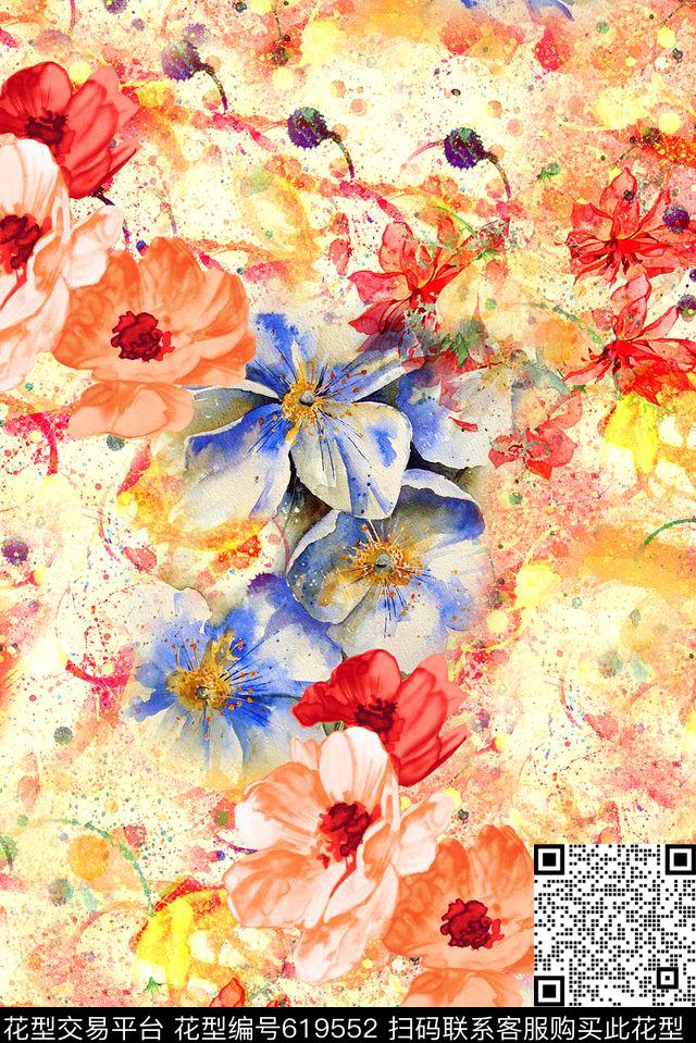时尚抽象手绘花卉时尚手绘水彩花卉印花时尚手绘花朵印花数码印花华亿平台下载（图片编号: 619552） - 瓦栏（Walan）