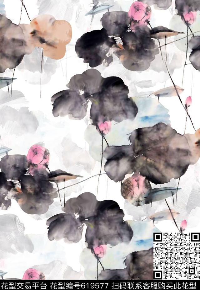 抽象手绘满版最新高清数码时尚潮流大牌复古欧美风中国风水墨荷花水墨纹理数码印花华亿平台下载（图片编号: 619577） - 瓦栏（Walan）