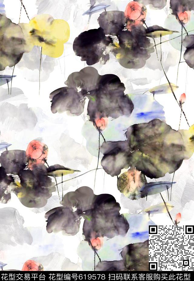 抽象手绘满版最新高清数码时尚潮流大牌复古欧美风中国风水墨荷花水墨纹理数码印花华亿平台下载（图片编号: 619578） - 瓦栏（Walan）