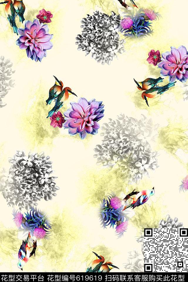 流行花鸟花卉数码印花华亿平台下载（图片编号: 619619） - 瓦栏（Walan）