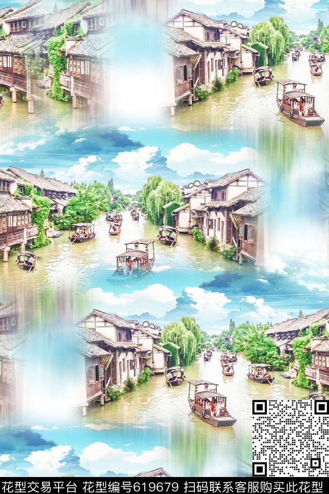 复古建筑水彩数码印花华亿平台下载（图片编号: 619679） - 瓦栏（Walan）