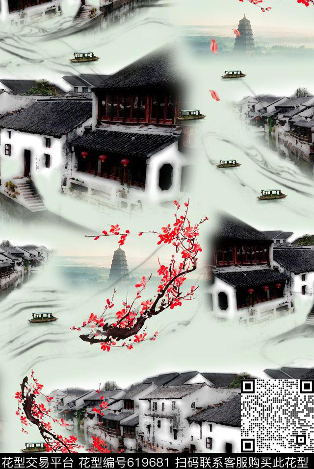 建筑水彩风景数码印花华亿平台下载（图片编号: 619681） - 瓦栏（Walan）