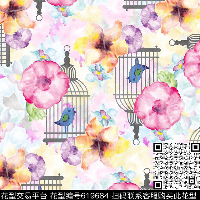 花卉小鸟鸟笼数码印花华亿平台下载（图片编号: 619684） - 瓦栏（Walan）