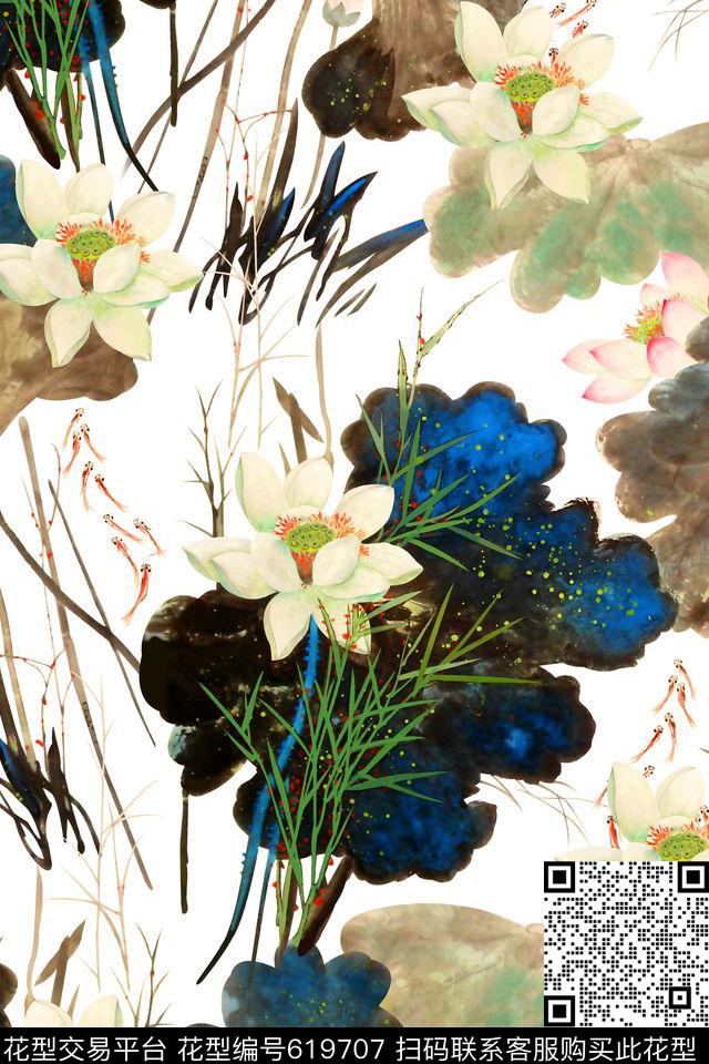 抽象手绘满版最新高清数码时尚潮流大牌复古欧美风中国风水墨荷花女装裙数码印花华亿平台下载（图片编号: 619707） - 瓦栏（Walan）