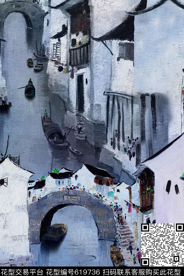 江南水乡风景数码印花华亿平台下载（图片编号: 619736） - 瓦栏（Walan）