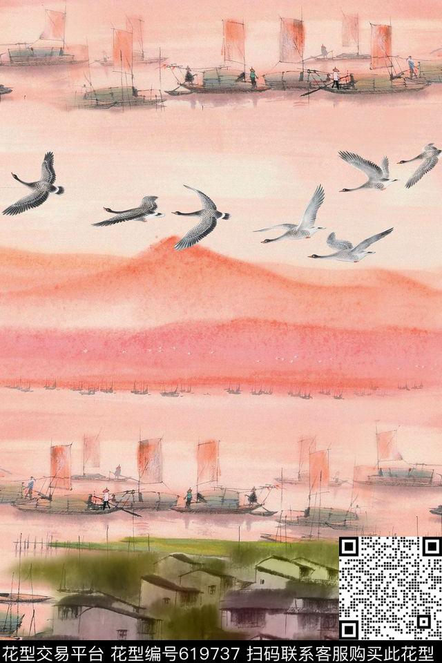 风景水墨数码印花华亿平台下载（图片编号: 619737） - 瓦栏（Walan）