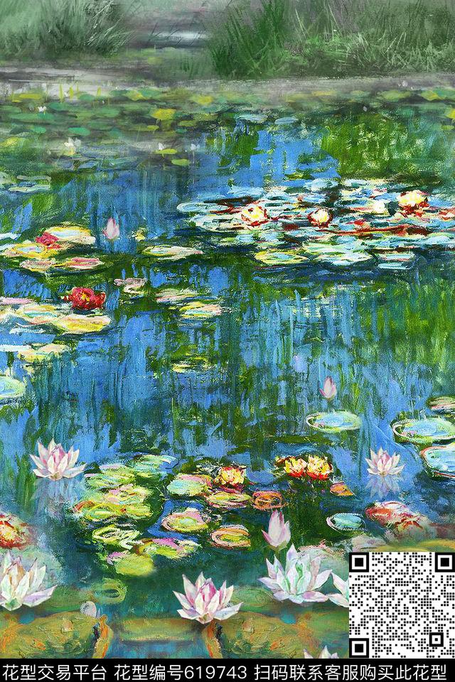 手绘荷花睡莲数码印花华亿平台下载（图片编号: 619743） - 瓦栏（Walan）