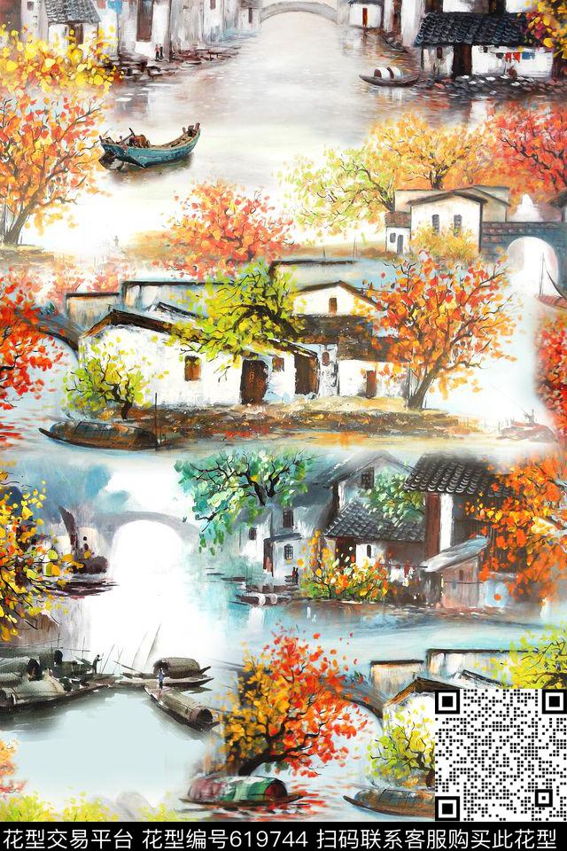 江南水乡水墨江南风景数码印花华亿平台下载（图片编号: 619744） - 瓦栏（Walan）