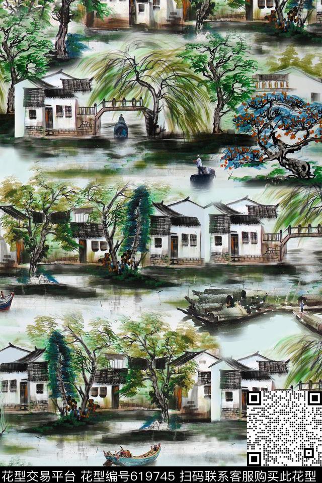 水墨江南山水风景中国风数码印花华亿平台下载（图片编号: 619745） - 瓦栏（Walan）