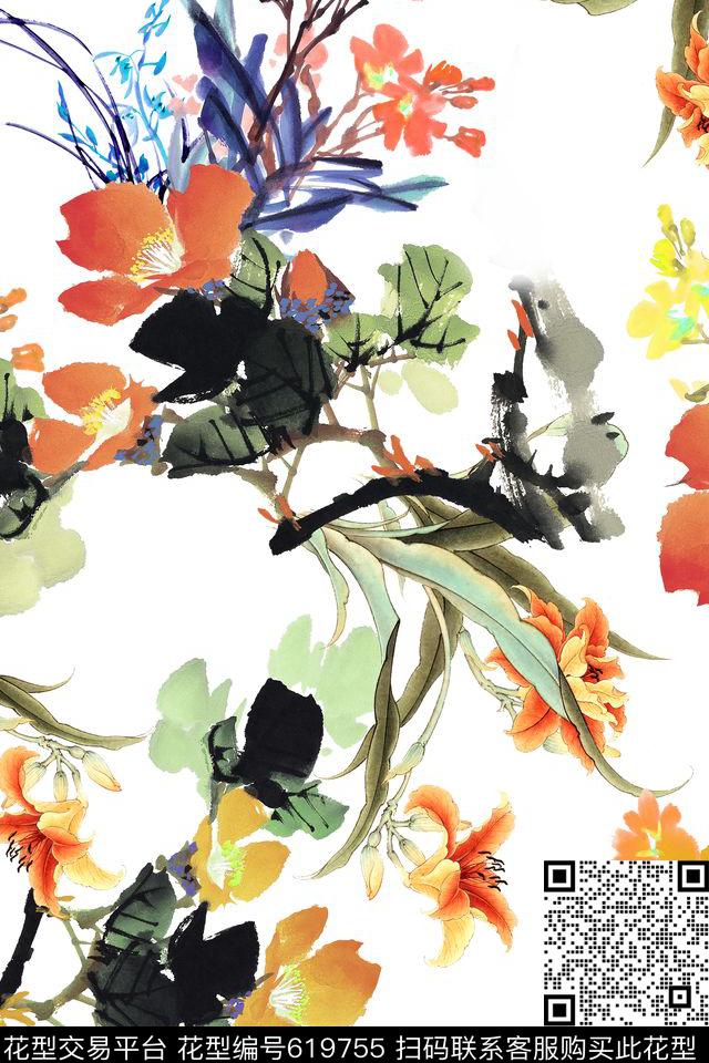 花朵花卉水墨数码印花华亿平台下载（图片编号: 619755） - 瓦栏（Walan）