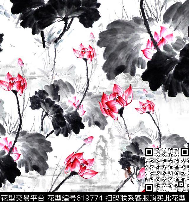 中国国画水墨山水荷花中国风数码印花华亿平台下载（图片编号: 619774） - 瓦栏（Walan）