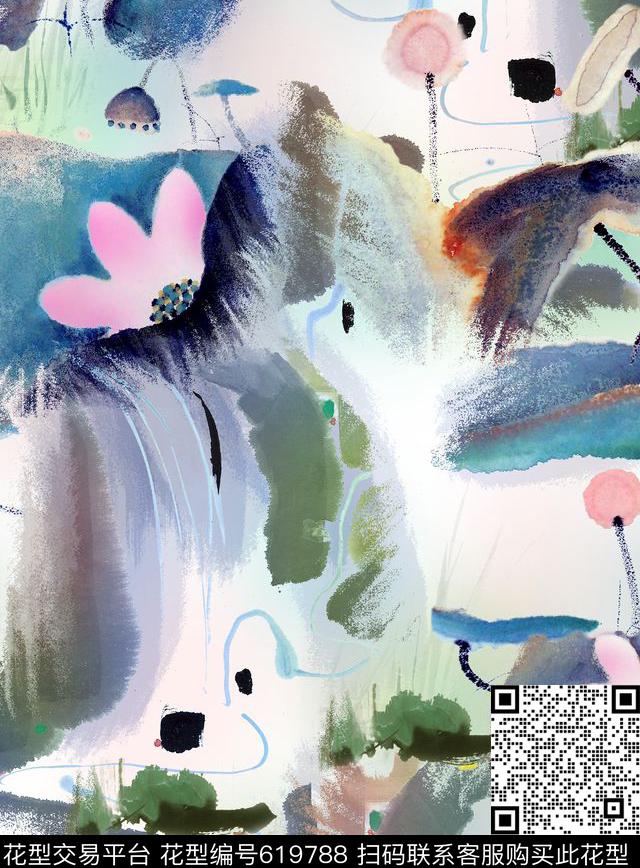 水墨。笔触荷花花卉数码印花华亿平台下载（图片编号: 619788） - 瓦栏（Walan）