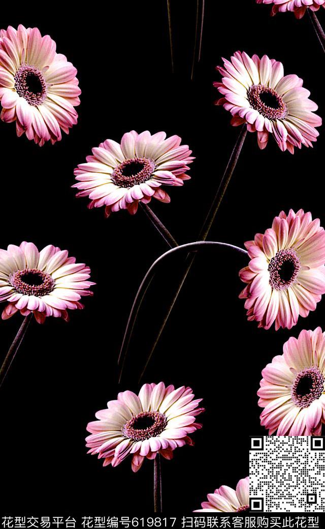 数码印花手绘花卉单支花卉数码印花华亿平台下载（图片编号: 619817） - 瓦栏（Walan）