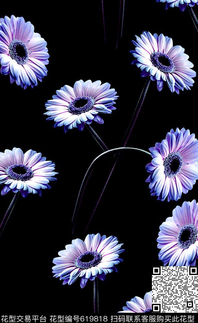 数码印花手绘花卉单支花卉数码印花华亿平台下载（图片编号: 619818） - 瓦栏（Walan）