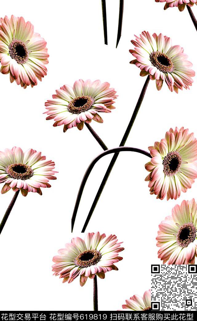 数码印花手绘花卉单支花卉数码印花华亿平台下载（图片编号: 619819） - 瓦栏（Walan）