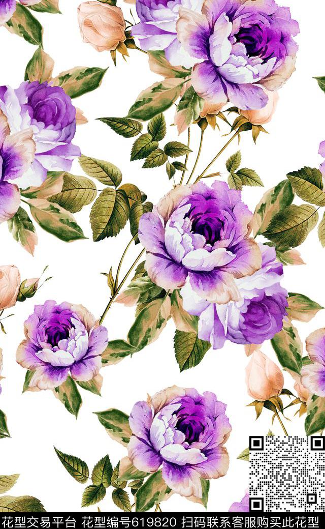 时尚大花手绘花卉欧美风数码印花华亿平台下载（图片编号: 619820） - 瓦栏（Walan）