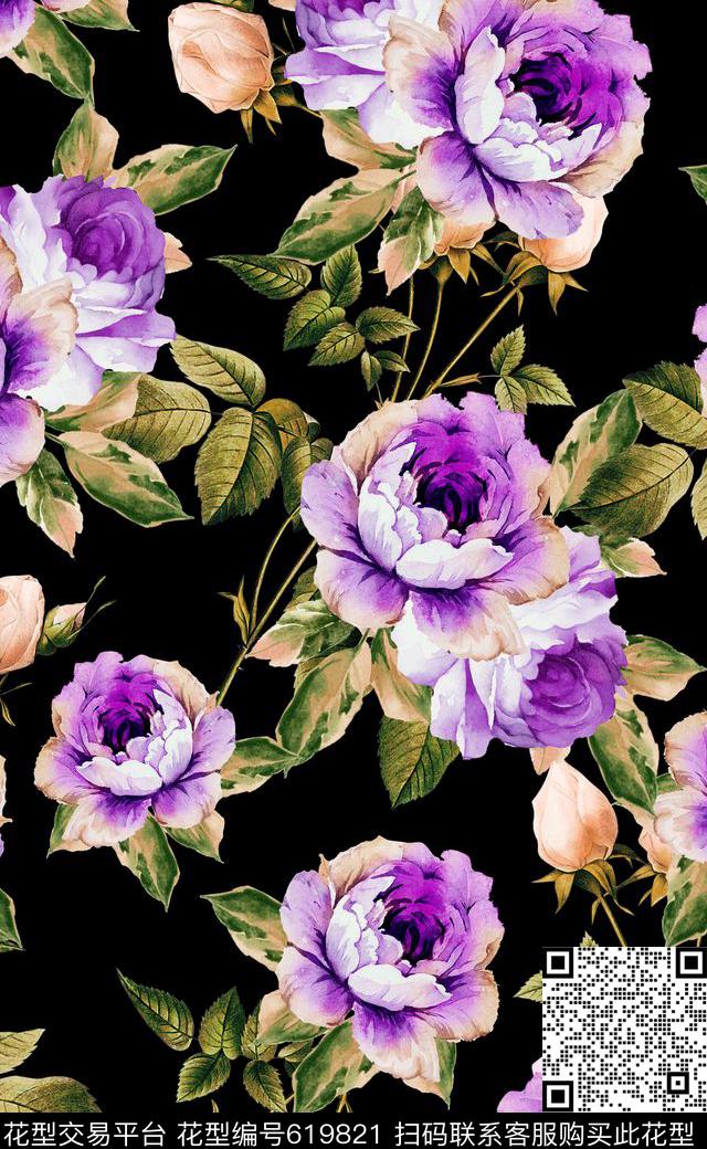 时尚大花手绘花卉欧美风数码印花华亿平台下载（图片编号: 619821） - 瓦栏（Walan）