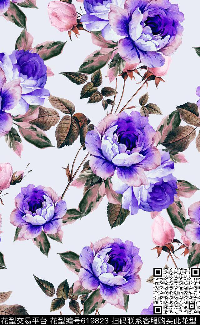 时尚大花手绘花卉欧美风数码印花华亿平台下载（图片编号: 619823） - 瓦栏（Walan）