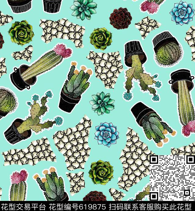 仙人球植物玉兰花数码印花华亿平台下载（图片编号: 619875） - 瓦栏（Walan）