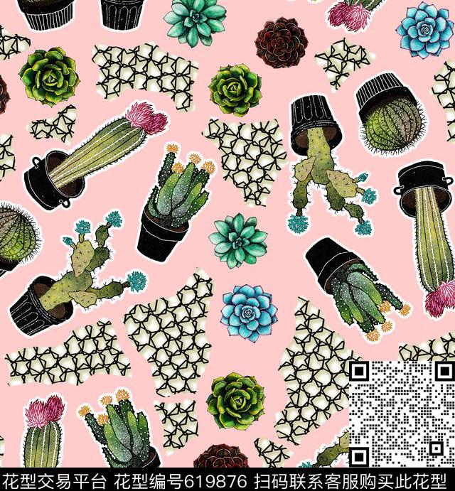 仙人球植物玉兰花数码印花华亿平台下载（图片编号: 619876） - 瓦栏（Walan）
