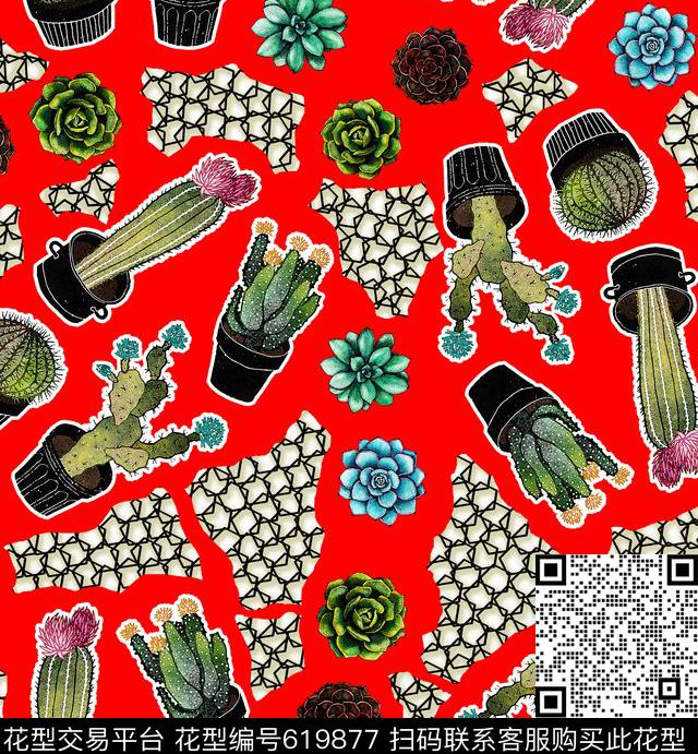 仙人球植物玉兰花数码印花华亿平台下载（图片编号: 619877） - 瓦栏（Walan）