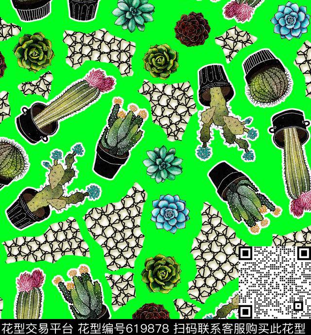 仙人球植物玉兰花数码印花华亿平台下载（图片编号: 619878） - 瓦栏（Walan）