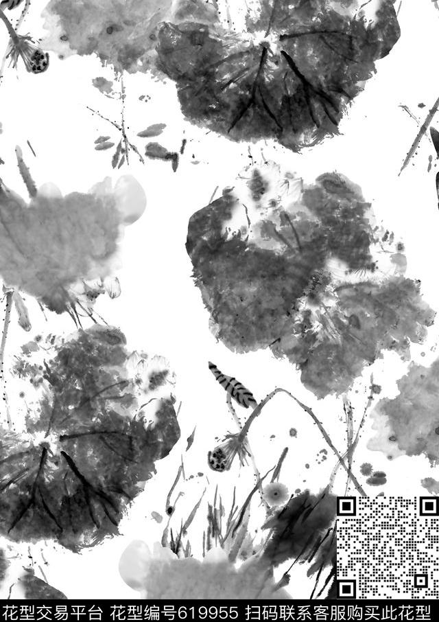 抽象手绘满版最新高清数码时尚潮流大牌复古欧美风中国风水墨荷花水墨纹理数码印花华亿平台下载（图片编号: 619955） - 瓦栏（Walan）