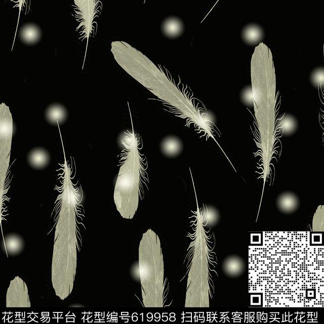 几何圆点黑底孔雀羽毛数码印花华亿平台下载（图片编号: 619958） - 瓦栏（Walan）