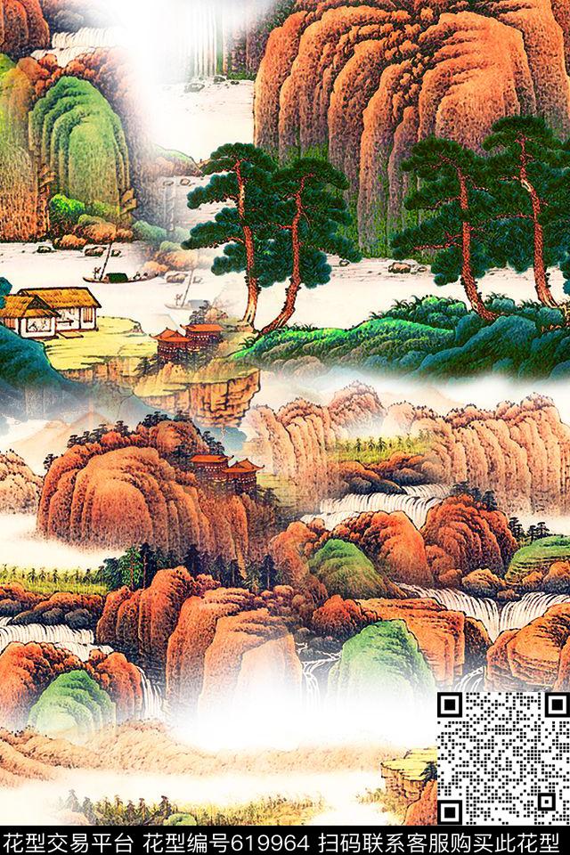 国画工笔画山水画数码印花华亿平台下载（图片编号: 619964） - 瓦栏（Walan）