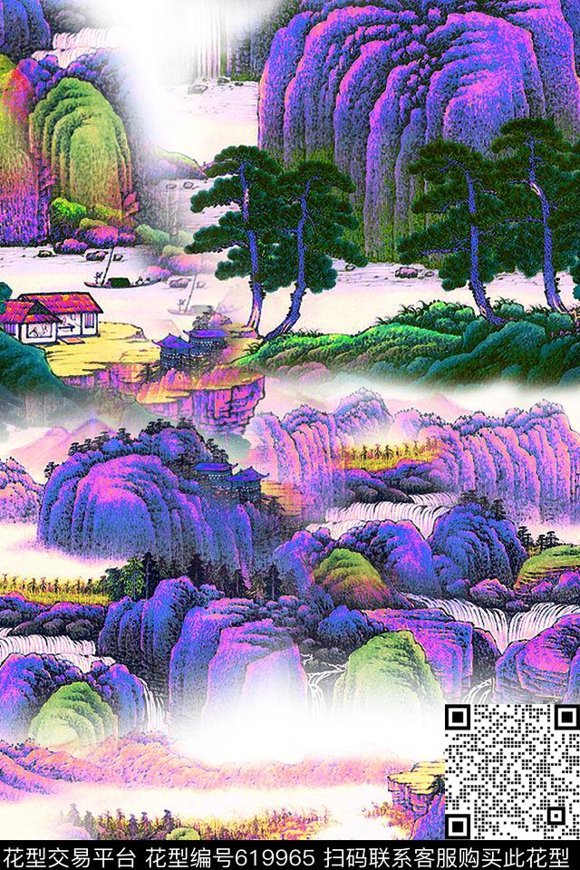 国画工笔画山水画数码印花华亿平台下载（图片编号: 619965） - 瓦栏（Walan）