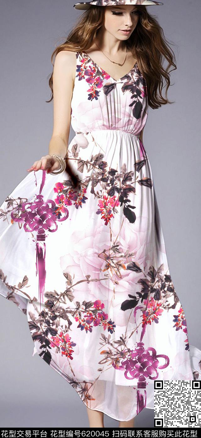 中国画花卉中国结数码印花华亿平台下载（图片编号: 620045） - 瓦栏（Walan）