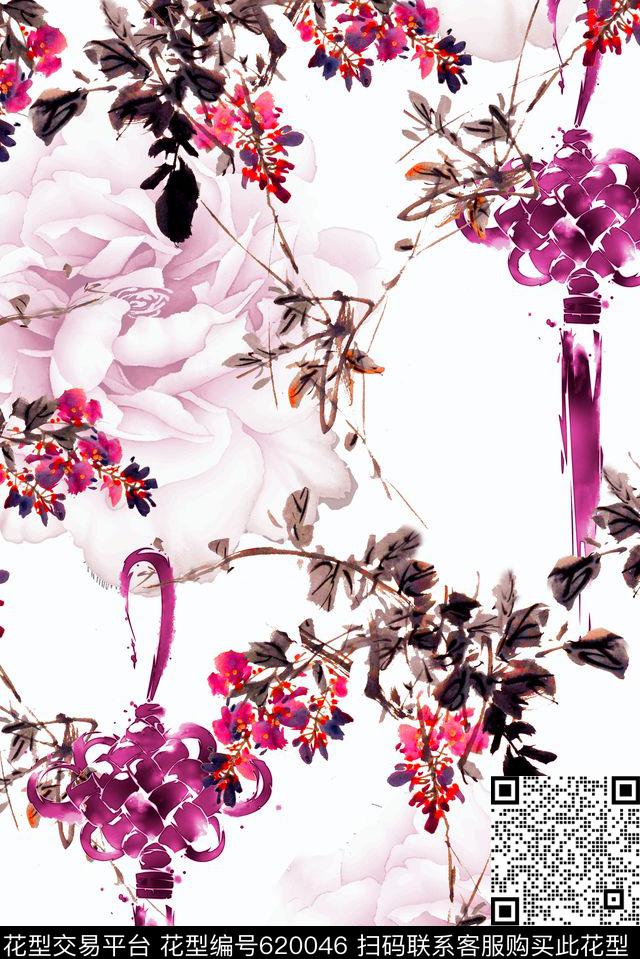 中国画花卉中国结数码印花华亿平台下载（图片编号: 620046） - 瓦栏（Walan）