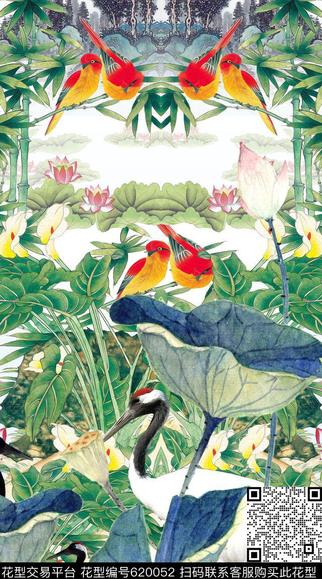 莲花中国风花卉数码印花华亿平台下载（图片编号: 620052） - 瓦栏（Walan）