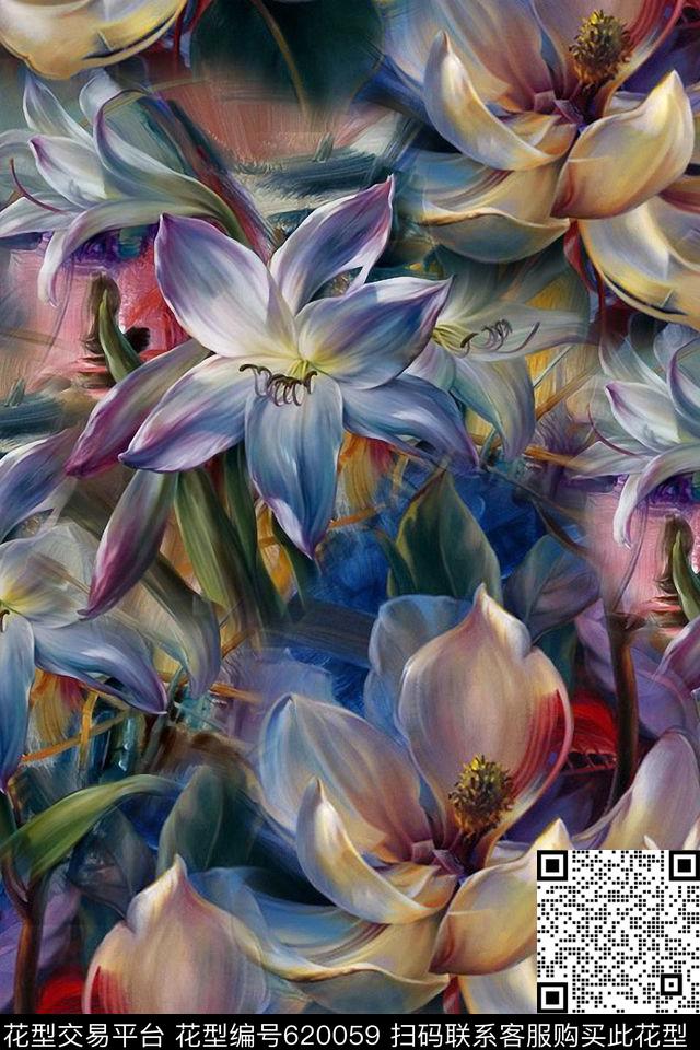 竹叶花朵花卉数码印花华亿平台下载（图片编号: 620059） - 瓦栏（Walan）