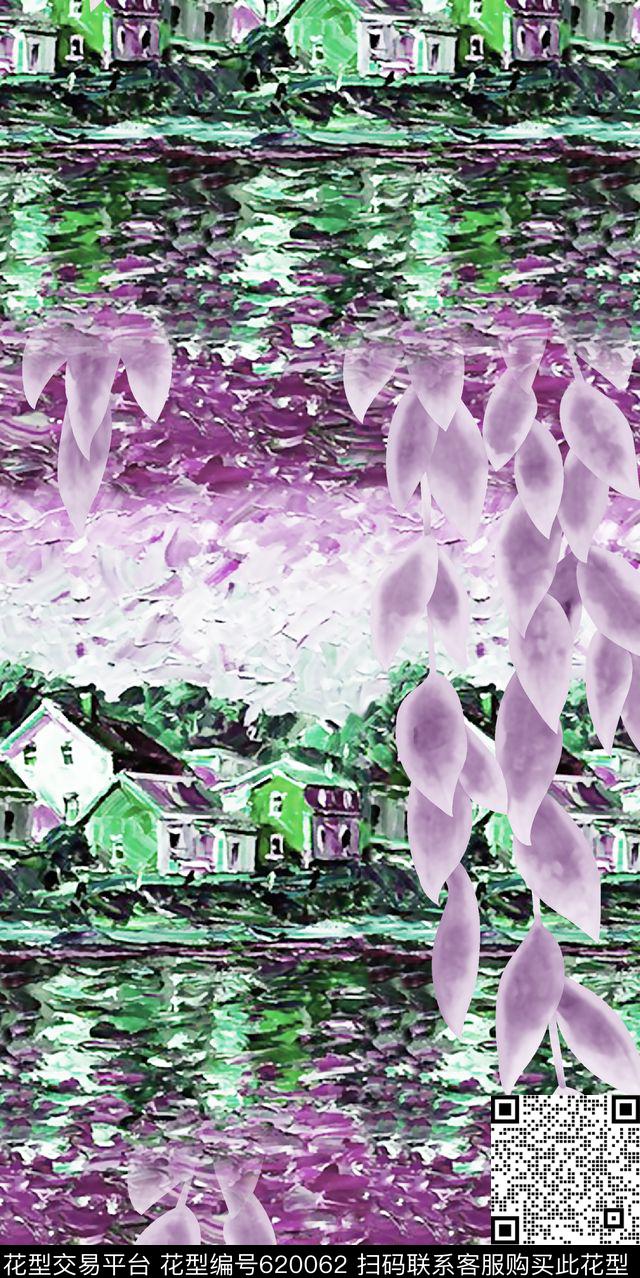 抽象手绘满版最新高清数码时尚潮流大牌复古欧美风风景油画纹理女装裙数码印花华亿平台下载（图片编号: 620062） - 瓦栏（Walan）