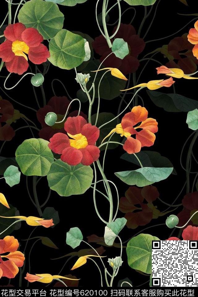 时尚手绘植物油画花卉印花时尚潮流女装裙子印花时尚欧美大牌潮流设计数码印花华亿平台下载（图片编号: 620100） - 瓦栏（Walan）