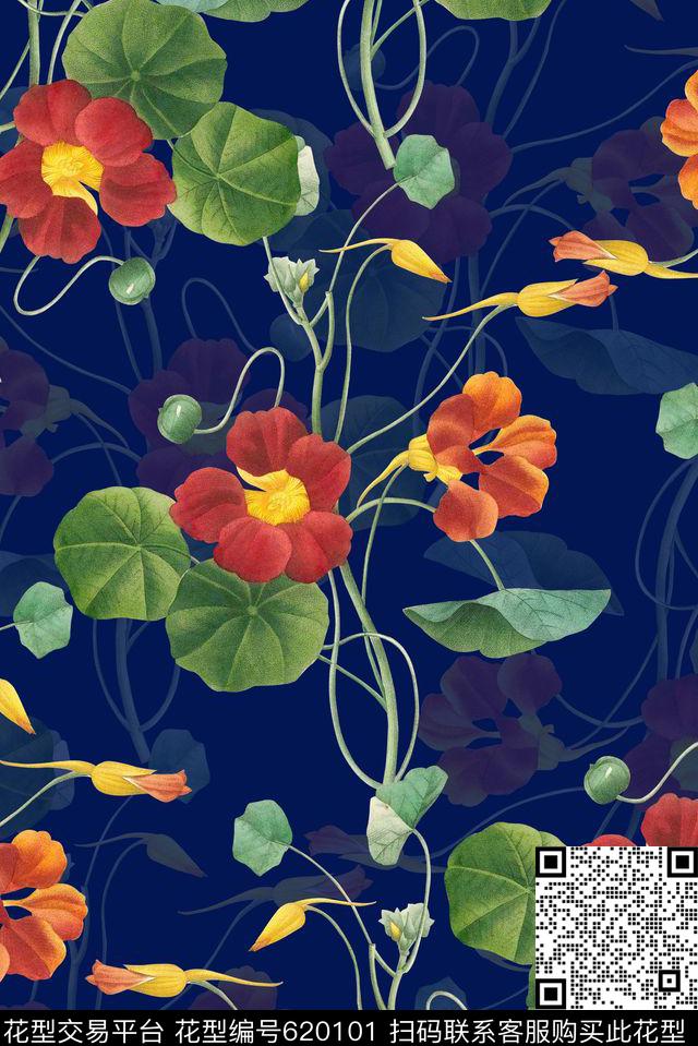 时尚手绘植物油画花卉印花时尚潮流女装裙子印花时尚欧美大牌潮流设计数码印花华亿平台下载（图片编号: 620101） - 瓦栏（Walan）