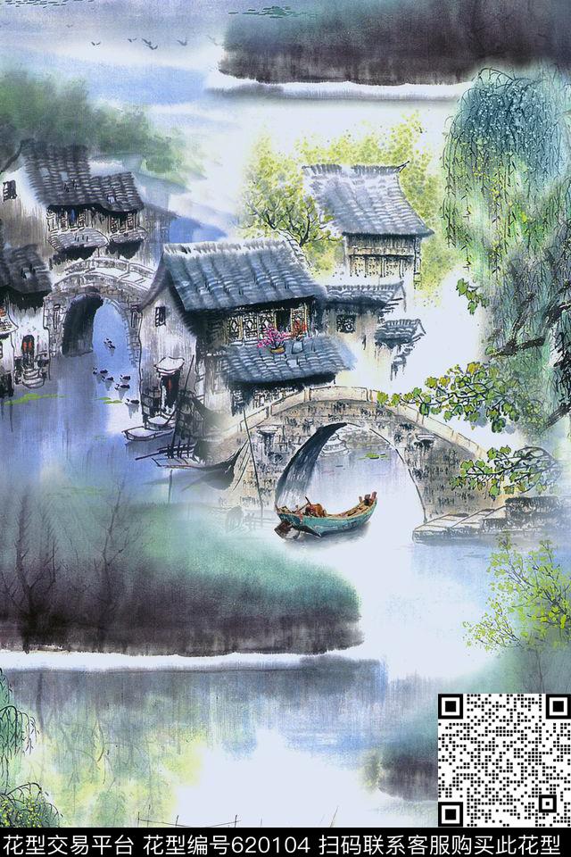 水墨江南山水风景中国风数码印花华亿平台下载（图片编号: 620104） - 瓦栏（Walan）