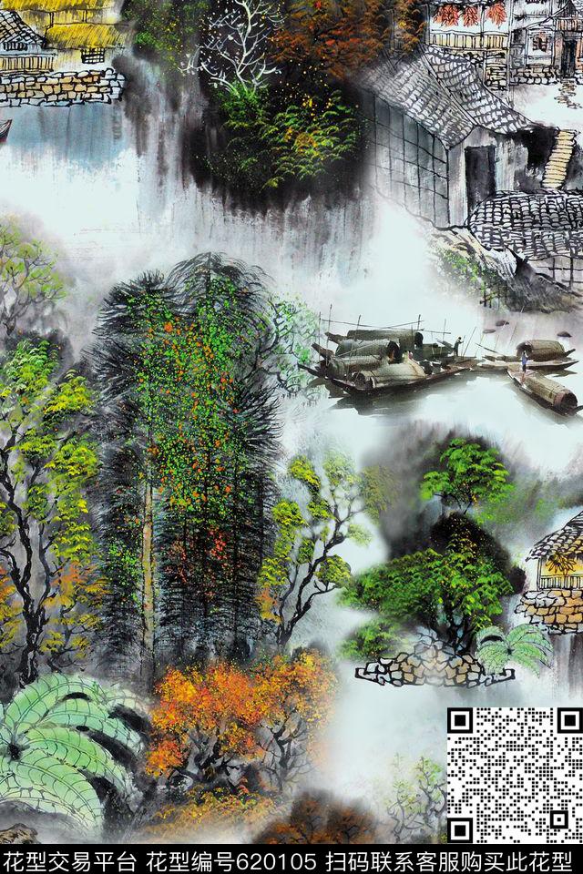 水墨江南山水风景中国风数码印花华亿平台下载（图片编号: 620105） - 瓦栏（Walan）