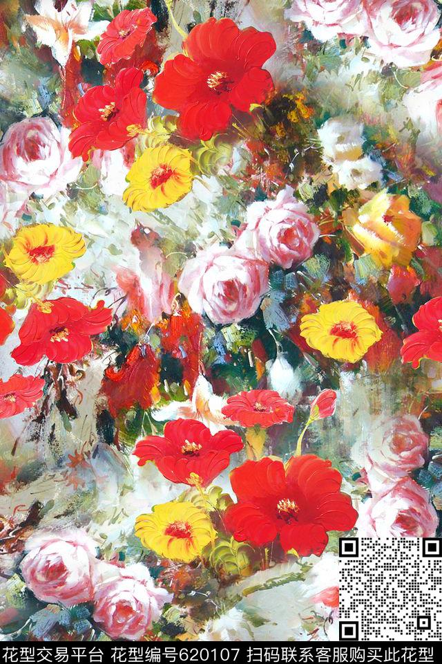 写意手绘花卉数码印花华亿平台下载（图片编号: 620107） - 瓦栏（Walan）